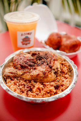 Roasted Chicken, Chicken Potato Ball, and Passion Fruit homemade drink.