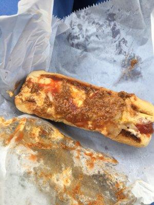 Pretty darn good hot dog: pimento cheese, chili, onions, ketchup and mustard