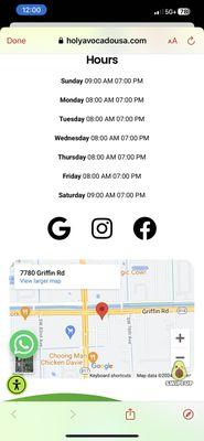 Hours from their website