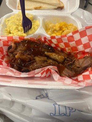 Bbq brisket, potato salad,  Mac and cheese