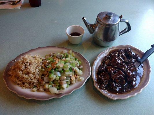 Sweet and sour spareribs, chicken almond chow mein and pork fried rice.  Heaven