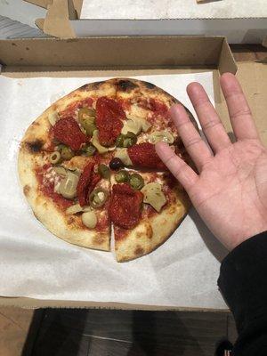 Pizza is small and not 12" as advertised in window sign. Oily and mushrooms were canned. Cost 10 bucks!