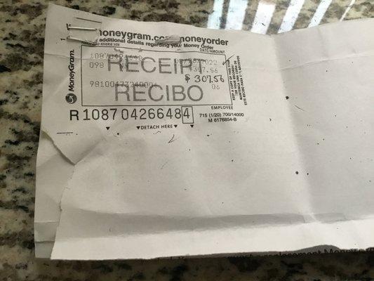 Money Gram purchase at West Star Credit Union and the torn copy was done in anger by West Star representative. Refusing to assist me.