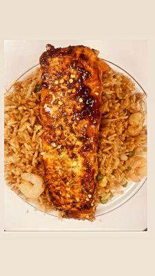 Glazed salmon and shrimp fried rice.
