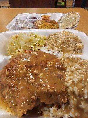 Smoothed pork chops, rice, and cabbage