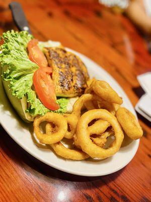 Blackened Mahi Poboy with Onion Rings