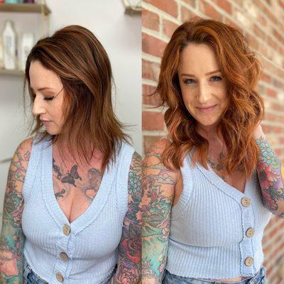 Before and after color and 1 row of braid less weft extensions