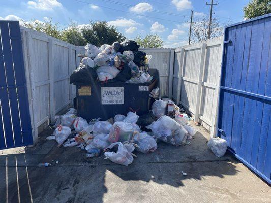 You get to drive by this to get to your room. It hasn't been emptied in over a week.