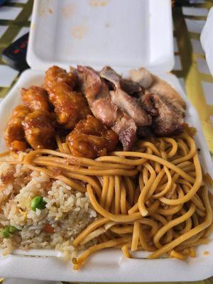 Rice, chowmein, orange chicken, teriyaki chicken.
