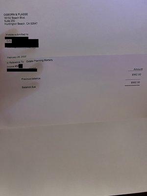 Invoice for unexplained services, which this firm has mailed to us every month.