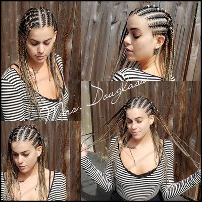 Cornrows with individual braids in the back and side.