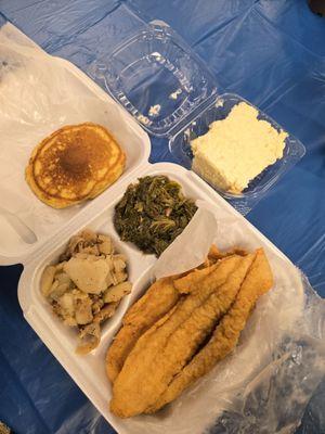 Fish fry - catfish, home fried potatoes, greens, cornbread, and pineapple crush cake