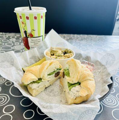 Fancy Nancy sandwich on a croissant and pasta salad.