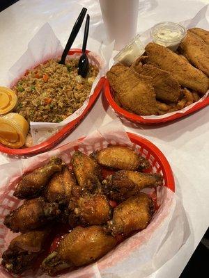 Tilapia basket, wings, and special fried rice.