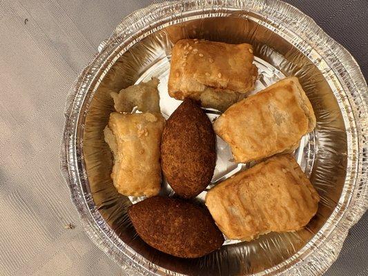 Phyllo with mashed potato inside and wheat wrapped mushrooms in sauce. Both were very good.