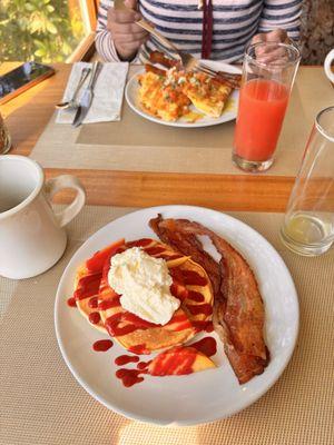 Pancakes with raspberry coulee and lemon whipped cream and thicccccccck bacon... and breakfast quesadilla with tomatillo pico de gallo