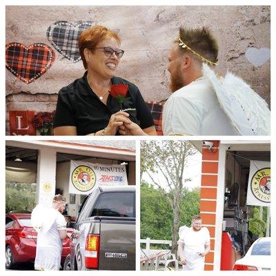 Cupid at Mr. Oil handing out flowers and love to our customers!