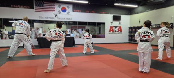 Students performing their color belt Jahng Bong Baek Nong Poom - Sae (weapons form).