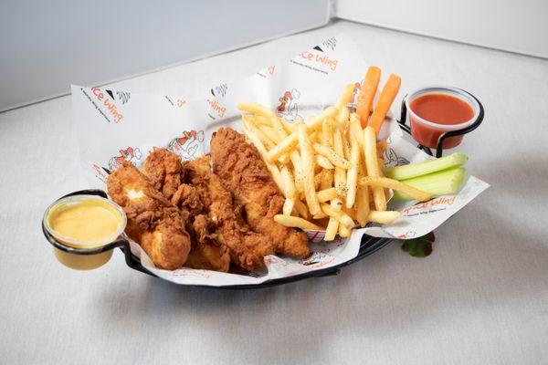 Crunchy chicken tenders, crispy fries, and fresh veggie sticks. Pick your drink: soda, lemonade, tea, or Powerade.