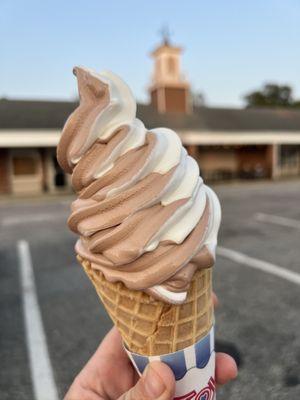 Choc & vanilla twist Creemee on a waffle cone