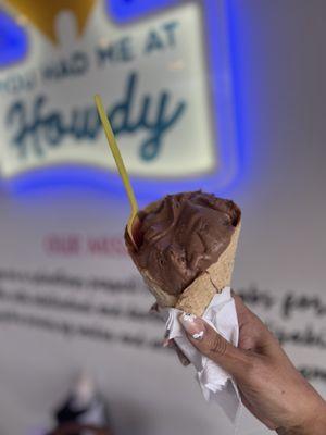 You had me at Howdy with the velvet chocolate peanut butter cup ice cream in a mocha cone.