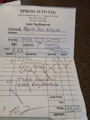 Only a total , he does not give you a breakdown of charges. After I left he texted my personal number using God's name up and down his mess