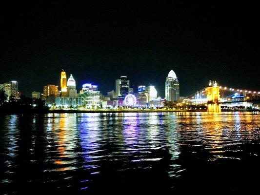 Midnight view of downtown Cincinnati from a small boat that just happens to be insured by HTT Agency!