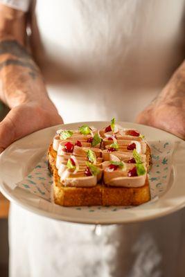 Chicken liver mousse on toast with cranberries, Spanish onion, and mint at Nookies at Silver Sands in Greenport