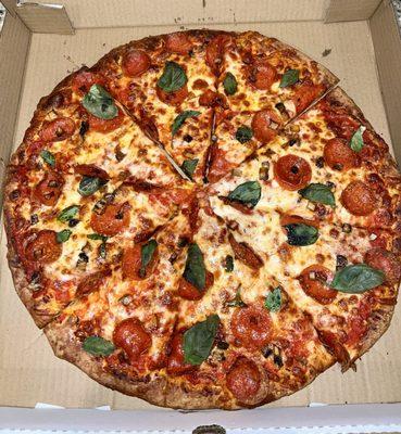 Pepperoni, mushroom, and basil