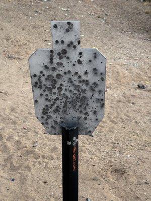 9mm FMJ and 1oz 1600fps slugs, at 10 yards. Able to withstand slugs and did not fall down.
