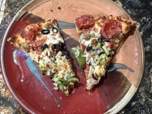 Chunks of green peppers and onions.