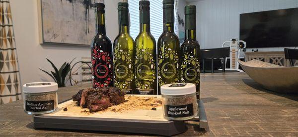 41 Olive Balsamic Vinegar, Olive Oils, and Gourmet Salts paired with Cast Iron Steak!!