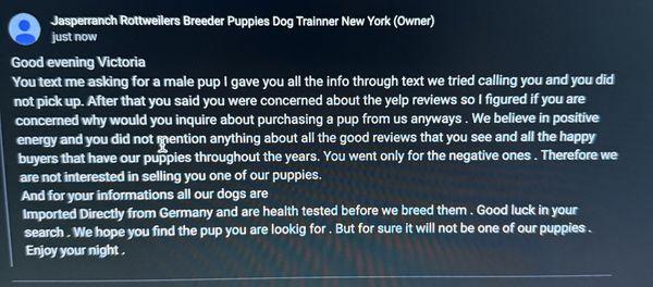 Response from breeder.