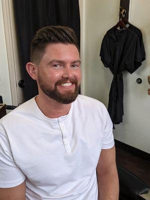 Haircut and beard trim with a straight razor line up