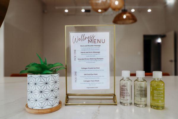 PURE's Complementary Wellness Menu! Enjoy with any hair service.