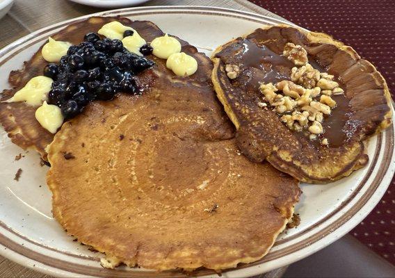 Pancake flight, blueberry lemon, pumpkin and traditional