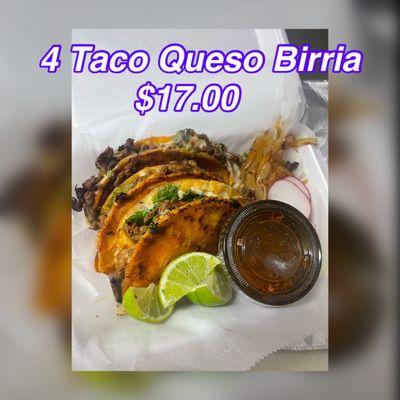 4 Taco Queso Birria with onion , cilantro , grilled onions, radish , limes and consome beef soup