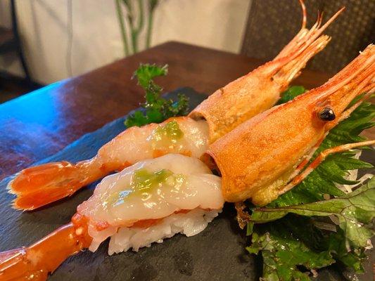 Amaebi nigiri with fried heads