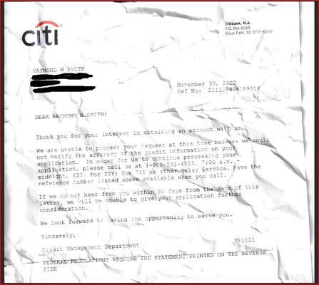letter from citibank with no substance, can't speak with rep, no answer calling phone number....