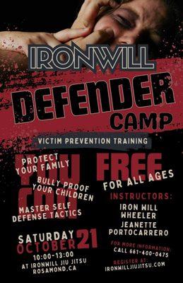 IronWill Defender Camp
Free event for self defense for all ages in Rosamond, CA!
Free T-Shirt for all participants