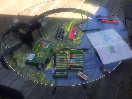 Tools of the trade: notebook, oil pastels, Nikon full frame camera.
