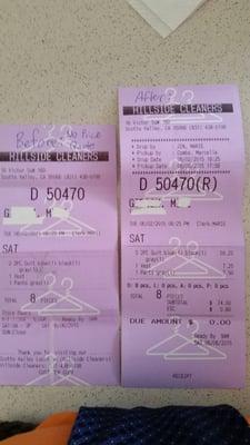 Drop off Ticket (without price quote), reciept (8 items $74.80!)