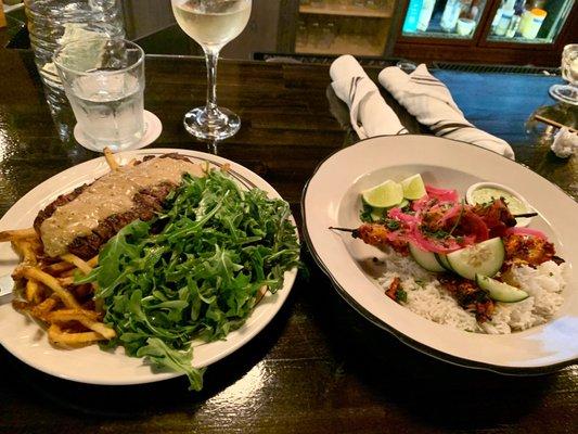 Steak Frites and Grilled Chicken Skewers