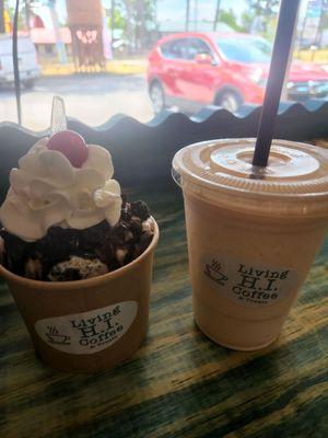 Hot fudge sundae and peachy peach shake.