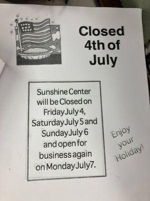 Closed July 4 weekend