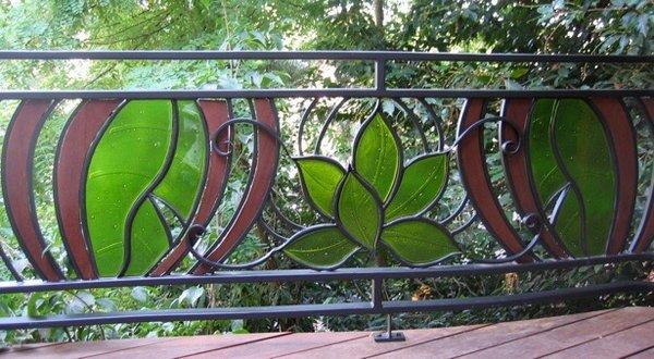 custom fused glass lotus & Ironwood railing