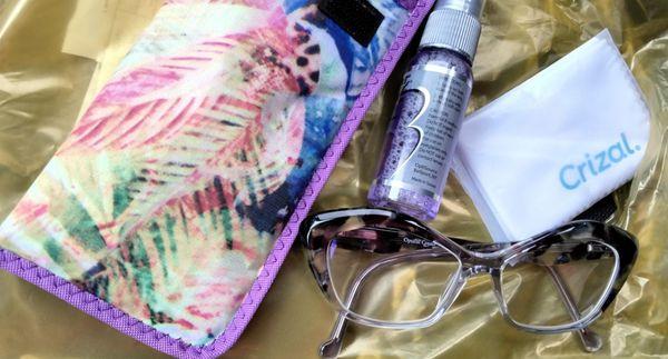 My new glasses, glass cleaner and cloth slong with a case.