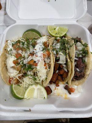 Shrimp, fish, cabeza and al pastor taco with handmade tortillas. Extra charge for hand made.