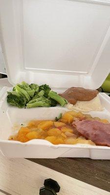 Baked Virginia Ham with 2 Sides but coated with fruit salad or some goop.