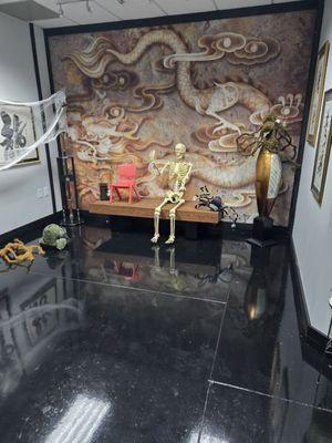 A skeleton background near the entrance way